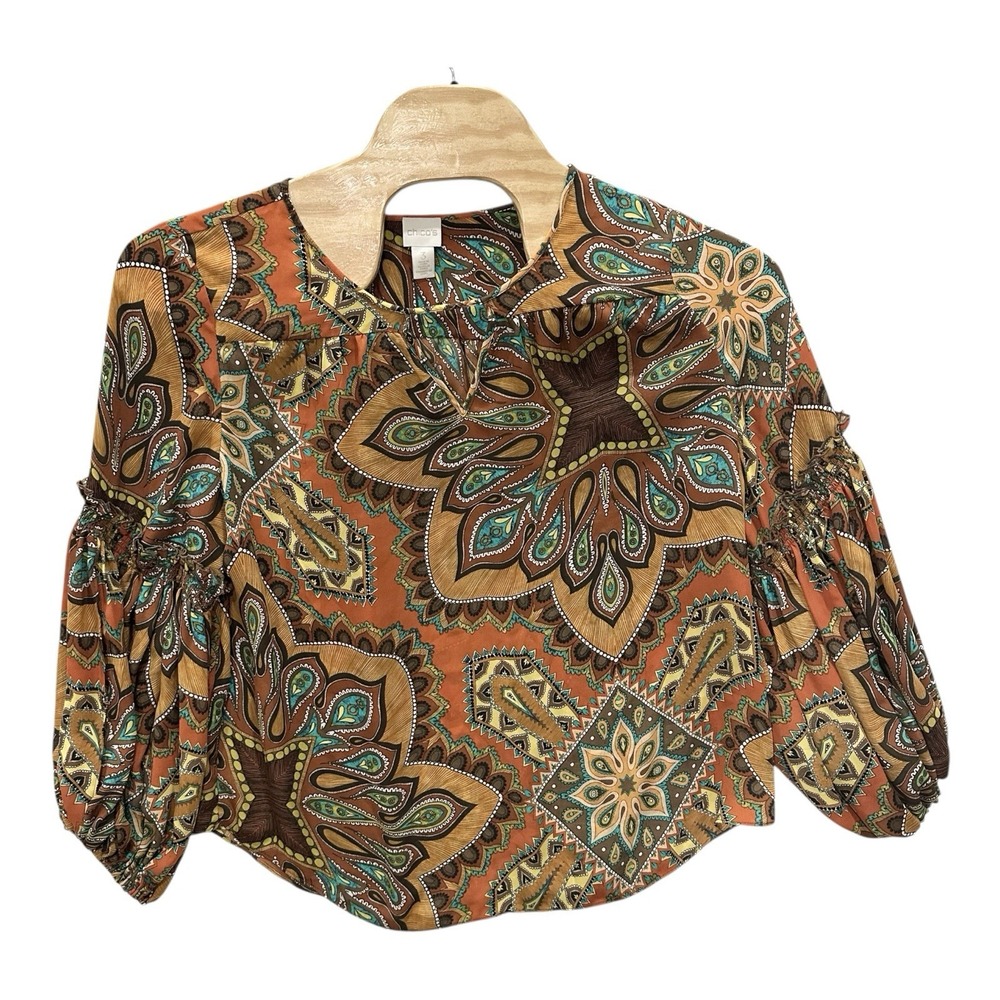 Chico's Tribal‎ Medallion Boho Keyhole Neck Slit Bishop Sleeve Peasant Top Fall